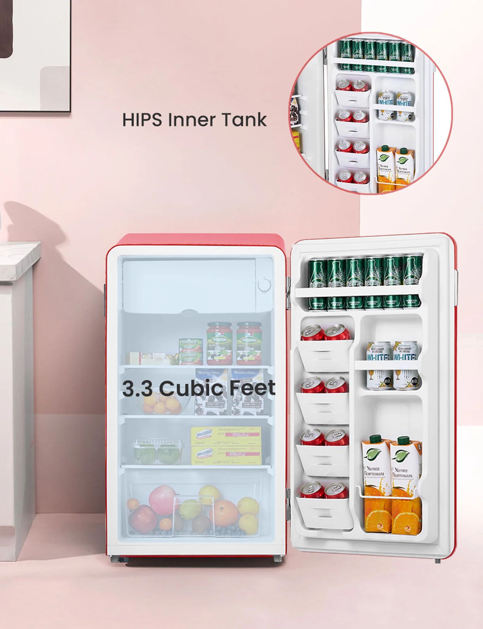 3.3 Cu.ft Retro Refrigerator - Red - Image 4